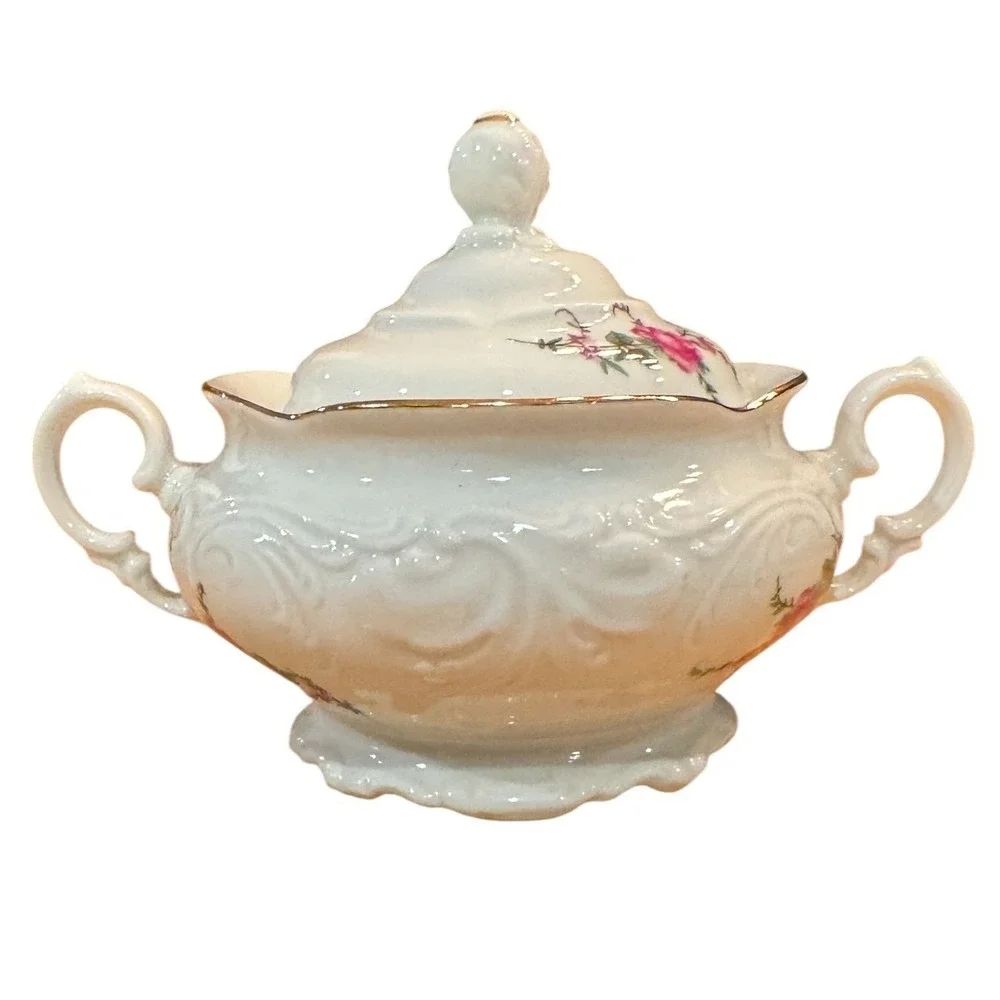 Wawel Vintage Porcelain Floral Sugar Bowl with Lid Gold Trim Pink Roses Embossed